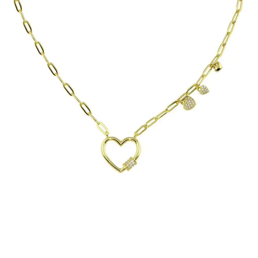 925 Sterling Silver Gold Plated Heart CZ Paperclip Necklace