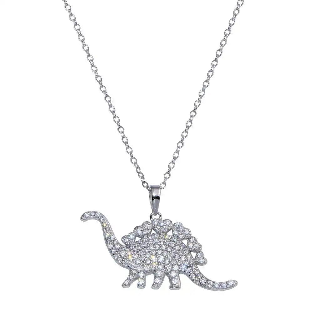 925 Sterling Silver Rhodium Plated Dinosaur CZ Necklace