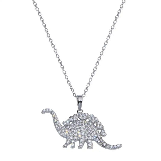 925 Sterling Silver Rhodium Plated Dinosaur CZ Necklace