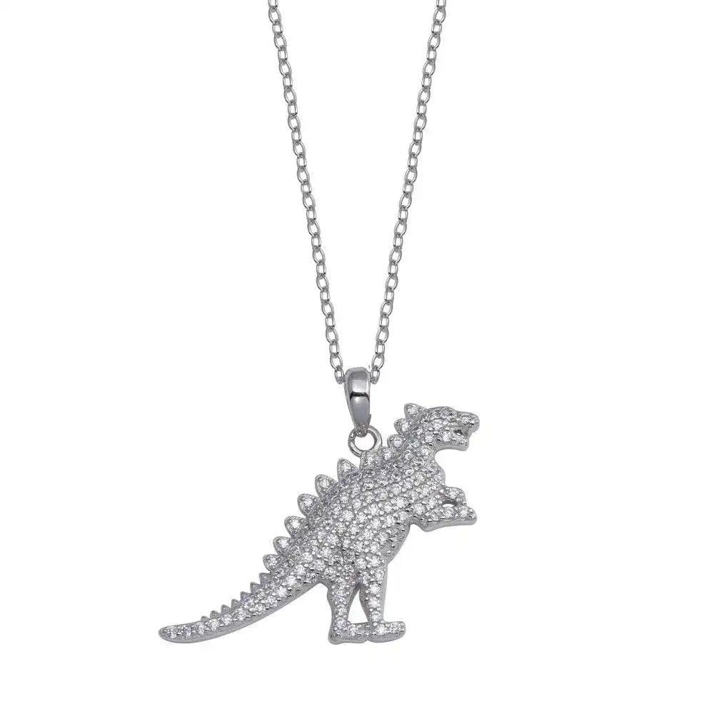 925 Sterling Silver Rhodium Plated Dinosaur CZ Necklace