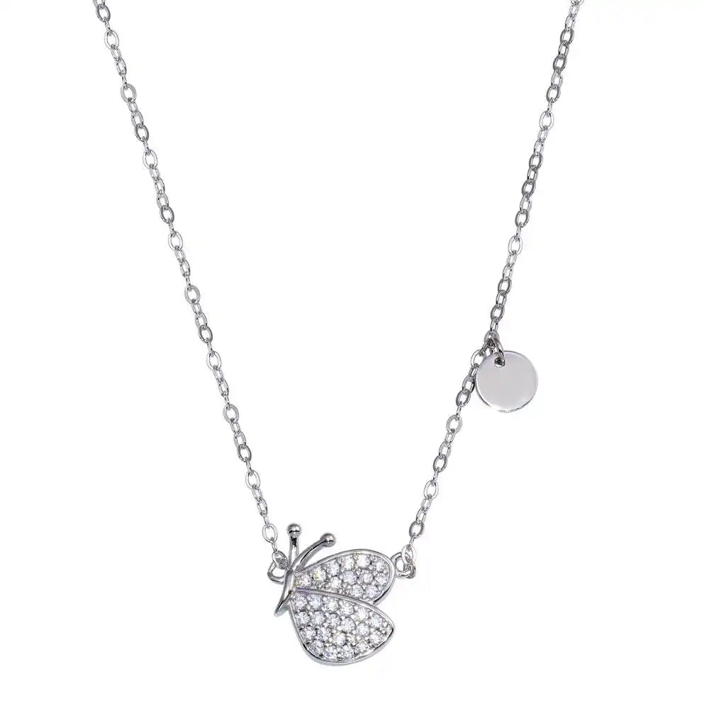 925 Sterling Silver Rhodium Plated Butterfly CZ Necklace