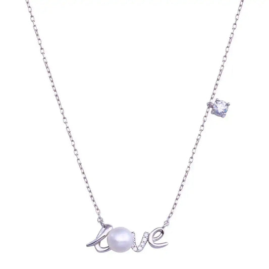 925 Sterling Silver Rhodium Plated Love Mother of Pearl and CZ Necklace
