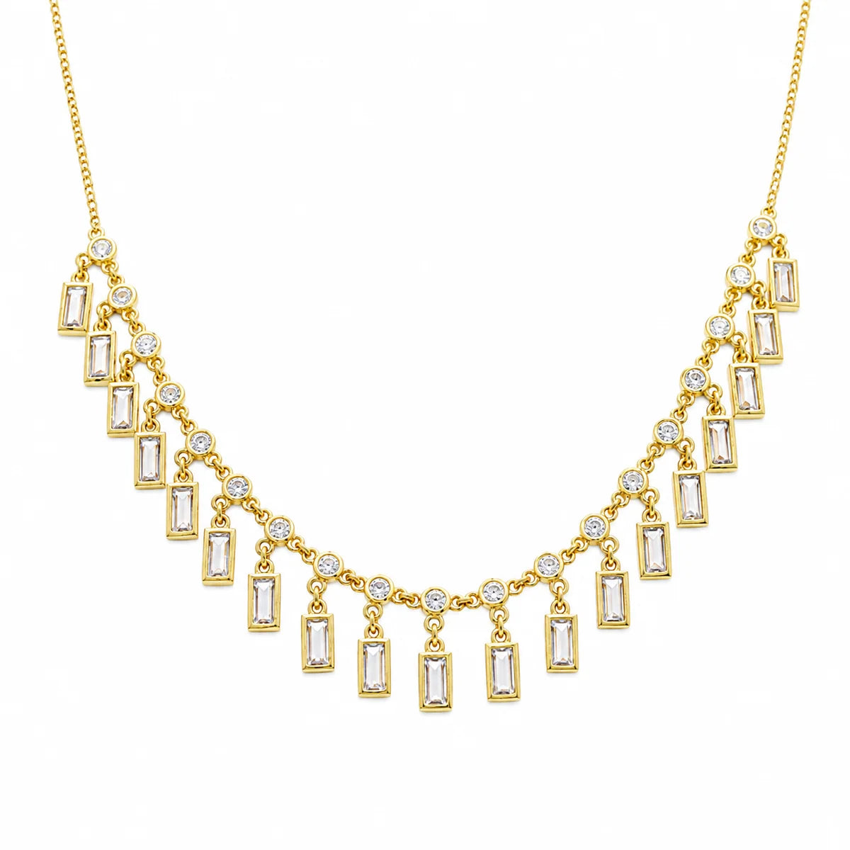 925 Sterling Silver Dangling Baguette and Round CZ Cascading Fringe Necklace