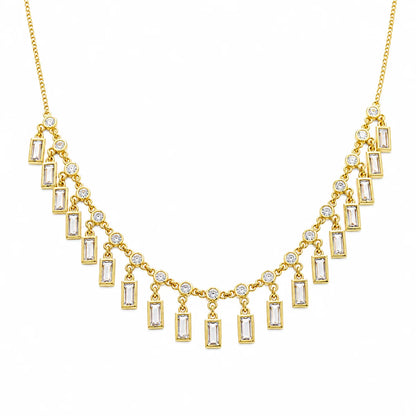 925 Sterling Silver Dangling Baguette and Round CZ Cascading Fringe Necklace