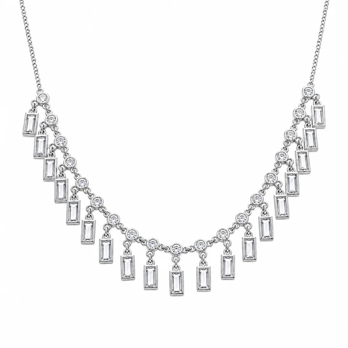 925 Sterling Silver Dangling Baguette and Round CZ Cascading Fringe Necklace