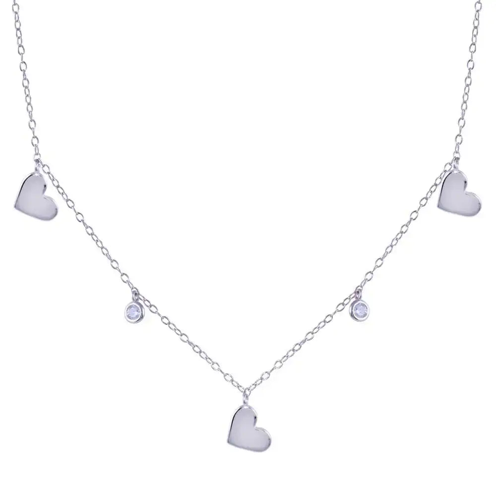 925 Sterling Silver Rhodium Plated Dangling Heart Clear CZ Necklace