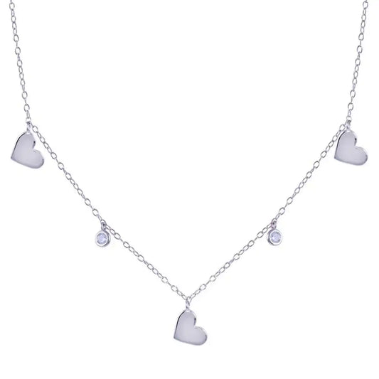 925 Sterling Silver Rhodium Plated Dangling Heart Clear CZ Necklace