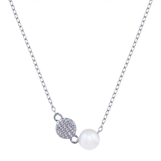 925 Sterling Silver Rhodium Plated Fresh Water Pearl Round Charm Clear CZ Necklace