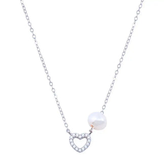 925 Sterling Silver Rhodium Plated Fresh Water Pearl Heart Charm Clear CZ Necklace