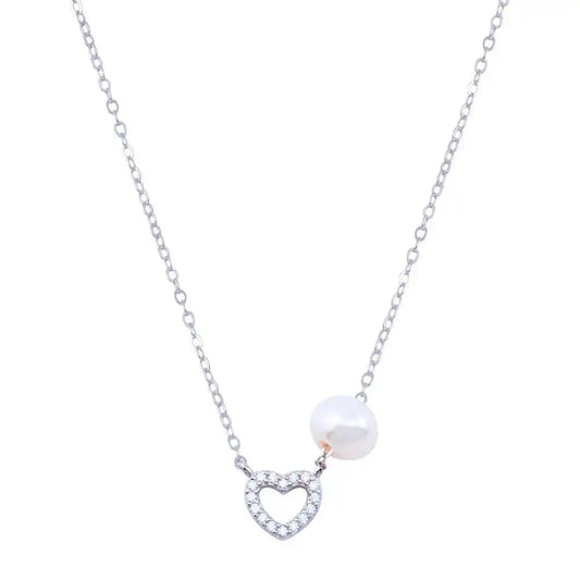 925 Sterling Silver Rhodium Plated Fresh Water Pearl Heart Charm Clear CZ Necklace