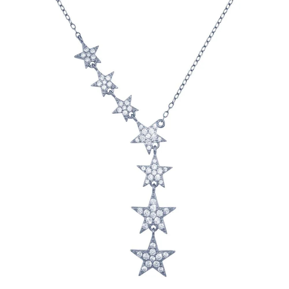 925 Sterling Silver Rhodium Plated Stars Clear CZ Necklace