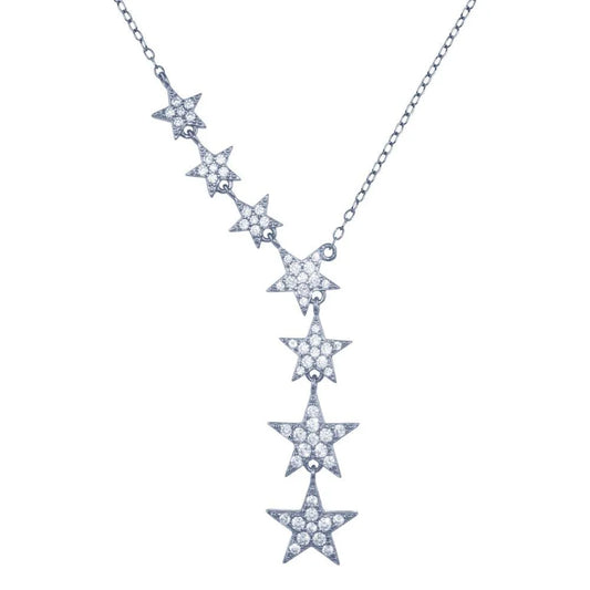 925 Sterling Silver Rhodium Plated Stars Clear CZ Necklace
