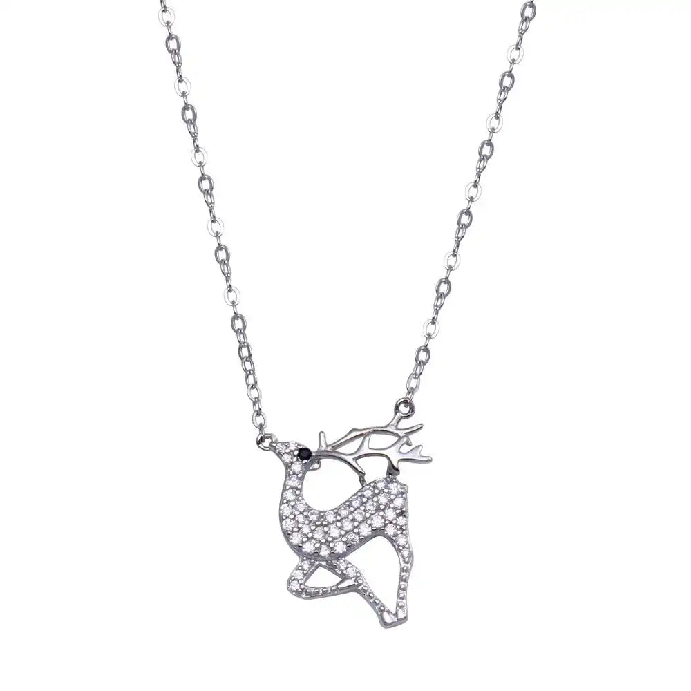 925 Sterling Silver Rhodium Plated CZ Deer Necklace