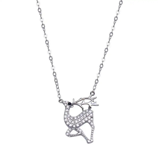 925 Sterling Silver Rhodium Plated CZ Deer Necklace