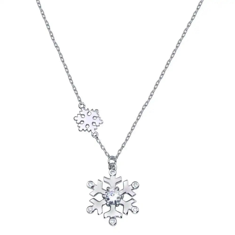 925 Sterling Silver Rhodium Plated Snow Flakes CZ Necklace