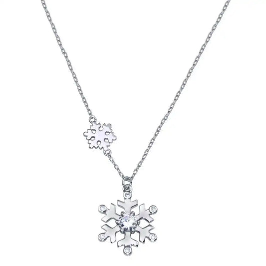 925 Sterling Silver Rhodium Plated Snow Flakes CZ Necklace