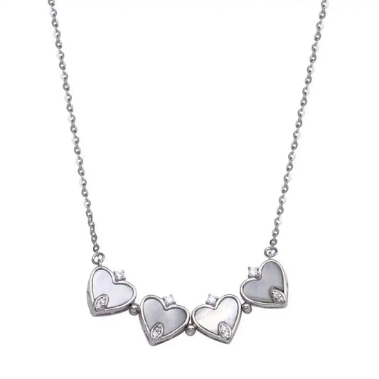 925 Sterling Silver Rhodium Plated CZ MOP Magnetic Flower Heart Necklace