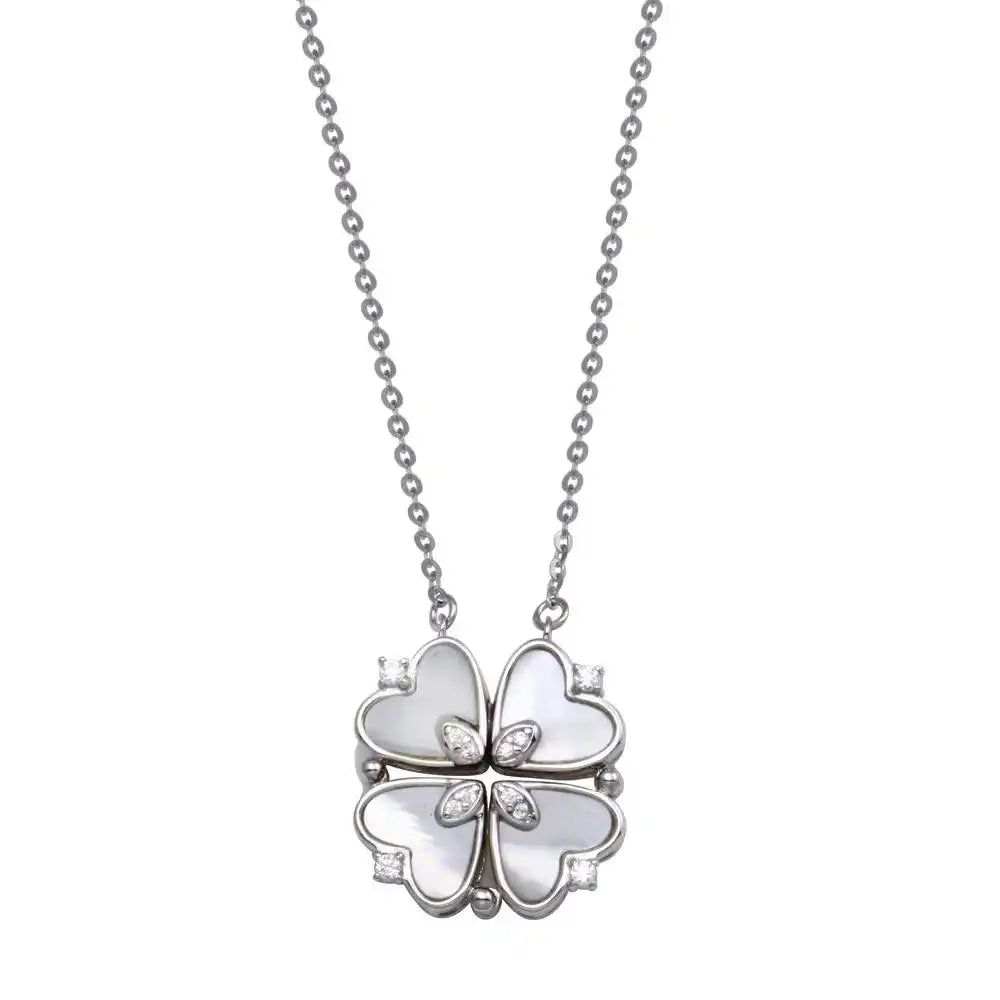 925 Sterling Silver Rhodium Plated CZ MOP Magnetic Flower Heart Necklace