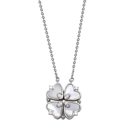925 Sterling Silver Rhodium Plated CZ MOP Magnetic Flower Heart Necklace