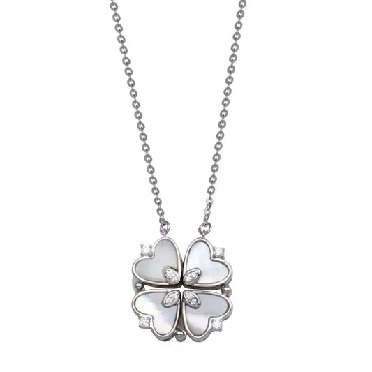 925 Sterling Silver Rhodium Plated CZ MOP Magnetic Flower Heart Necklace