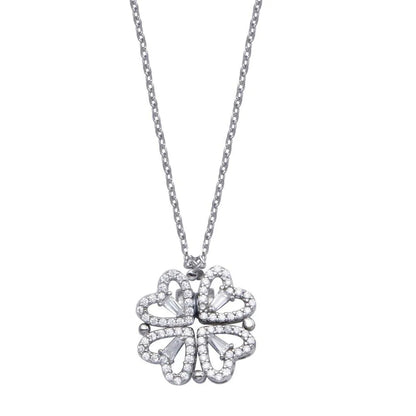 925 Sterling Silver Rhodium Plated CZ Open Magnetic Flower Heart Necklace