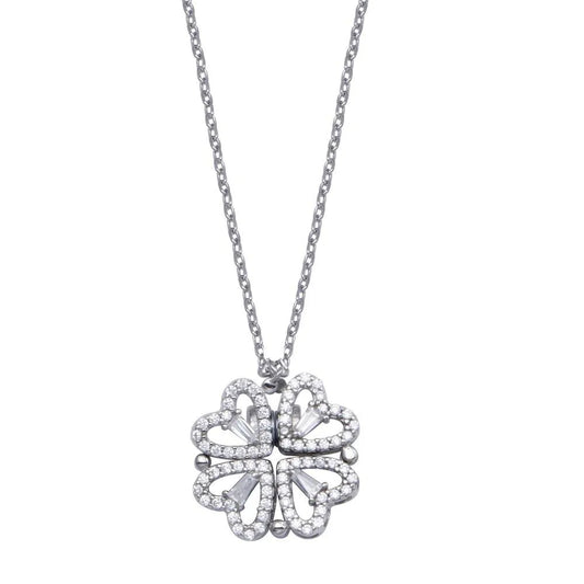 925 Sterling Silver Rhodium Plated CZ Open Magnetic Flower Heart Necklace