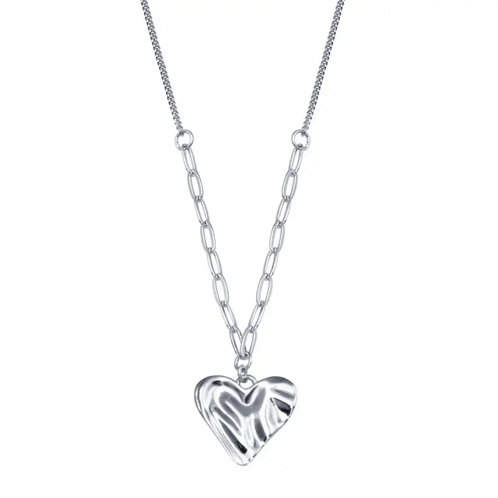 925 Sterling Silver Rhodium Plated Creased Heart Necklace