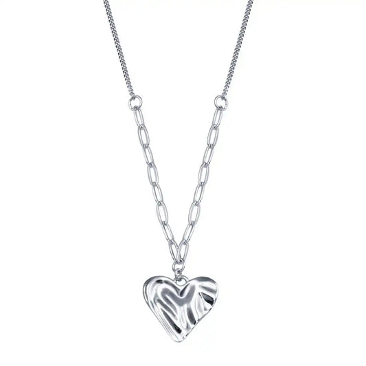 925 Sterling Silver Rhodium Plated Creased Heart Necklace