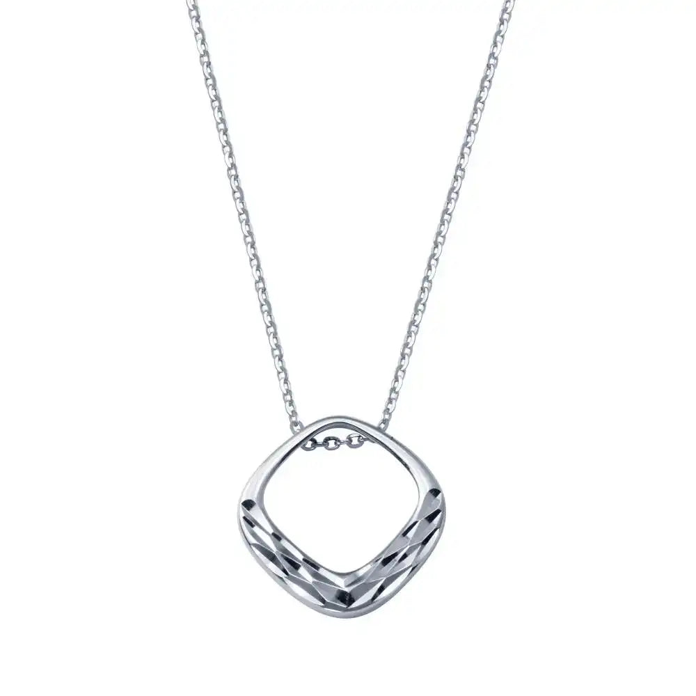 925 Sterling Silver Rhodium Plated Square Diamond Cut Pendant Adjustable Necklace