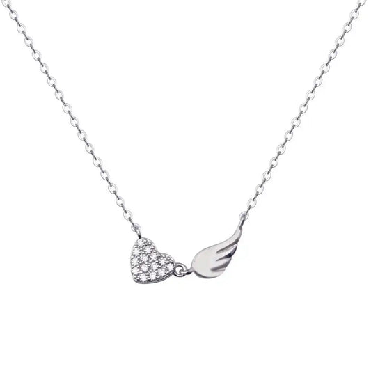 925 Sterling Silver Rhodium Plated Wing Heart Clear CZ Adjustable Necklace