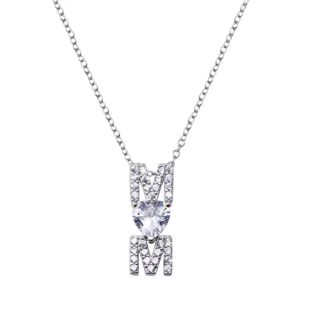 925 Sterling Silver Rhodium Plated Mom Heart Clear CZ Adjustable Necklace