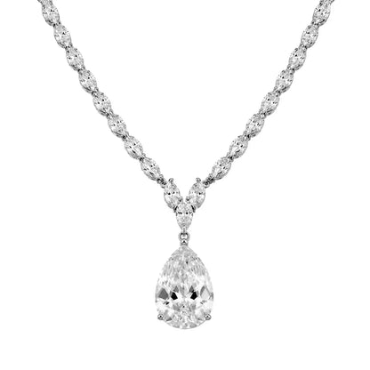 925 Sterling Silver Rhodium Plated Teardrop Round and Oval Clear CZ Bridal Necklace