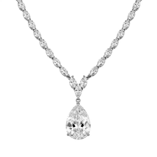 925 Sterling Silver Rhodium Plated Teardrop Round and Oval Clear CZ Bridal Necklace