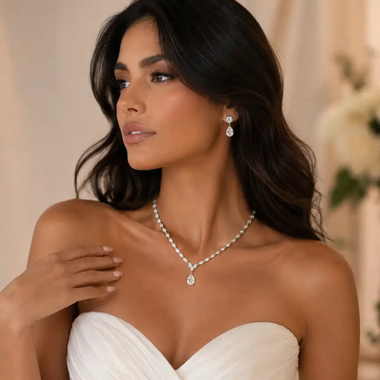 925 Sterling Silver Rhodium Plated Teardrop Round and Oval Clear CZ Bridal Necklace