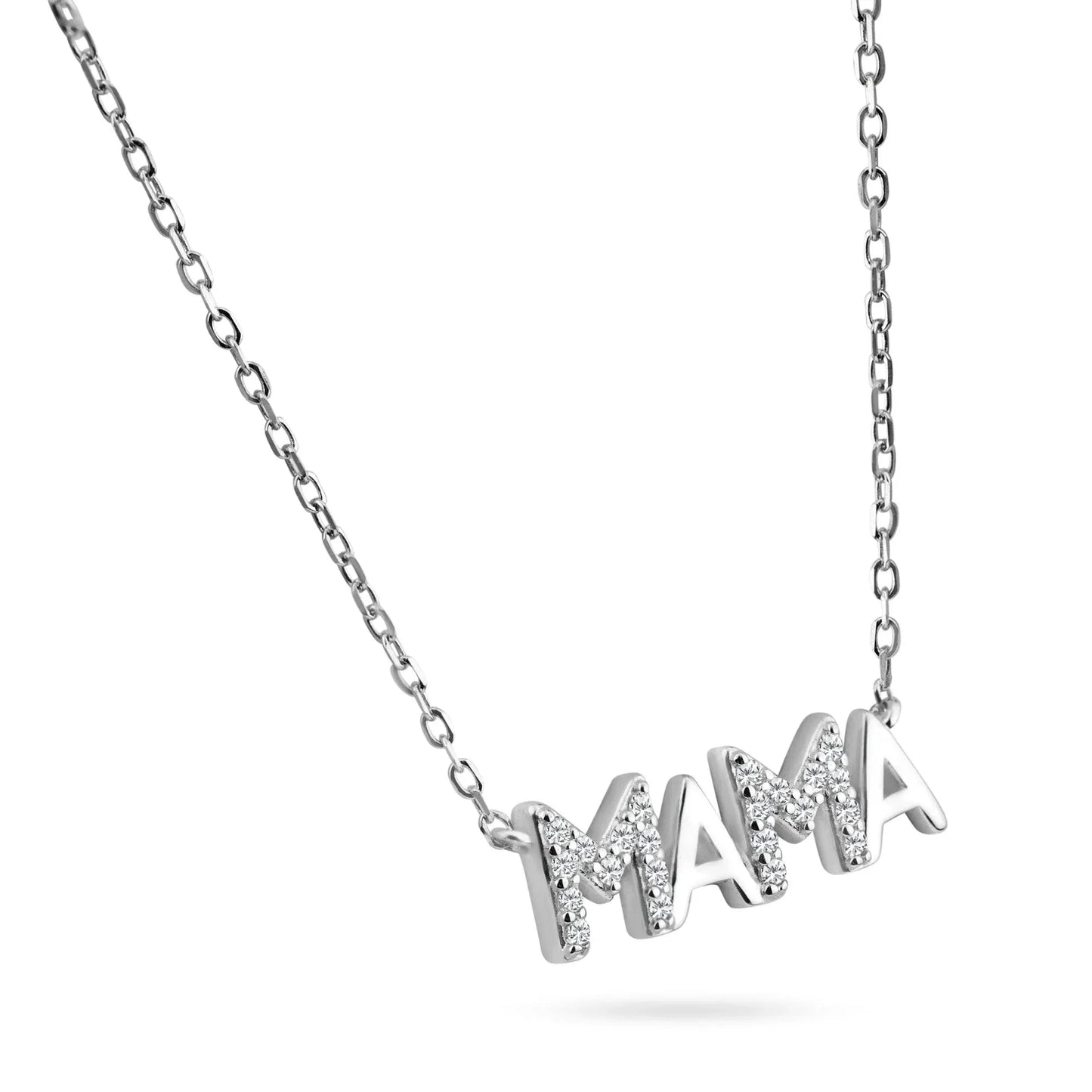 925 Sterling Silver Rhodium Plated MAMA CZ Necklace
