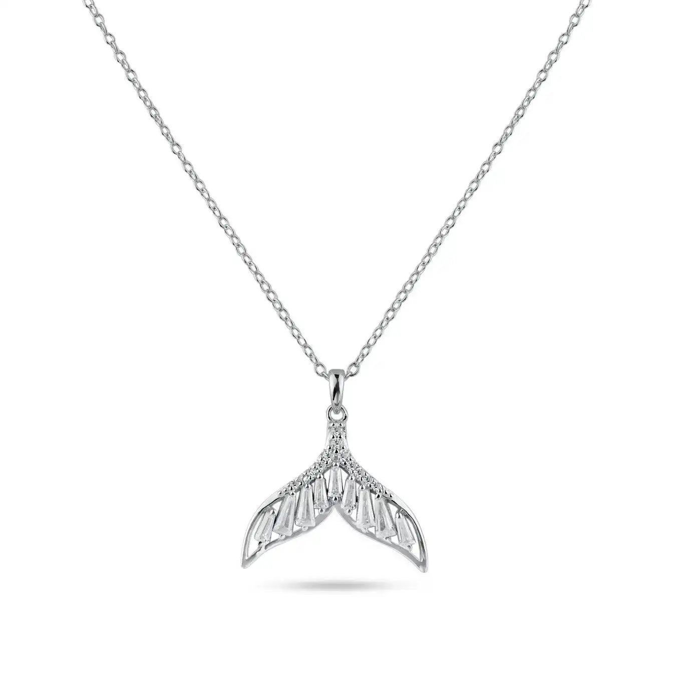 925 Sterling Silver Rhodium Plated Whale Tail Clear Baguette CZ Necklace