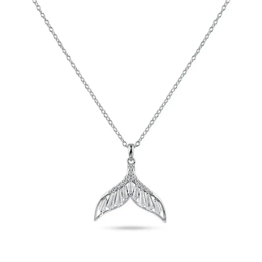 925 Sterling Silver Rhodium Plated Whale Tail Clear Baguette CZ Necklace