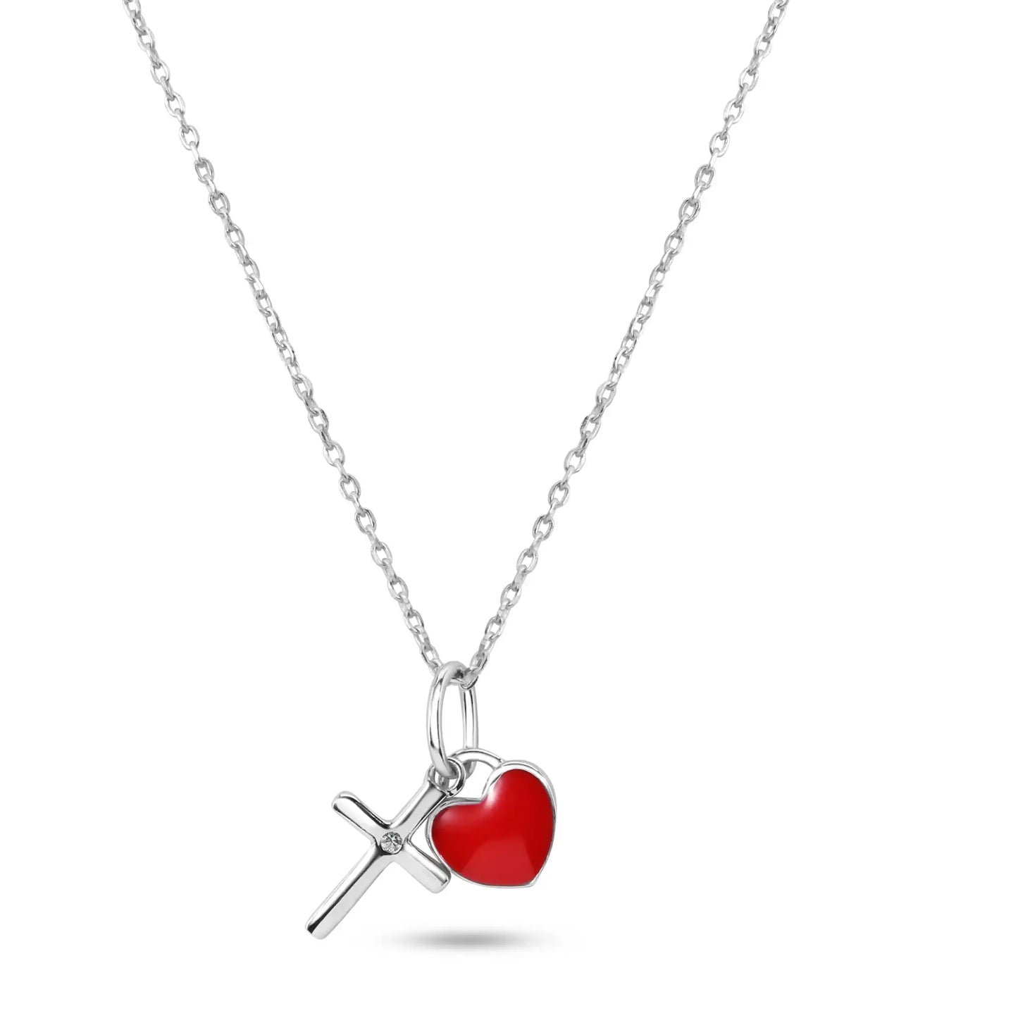 925 Sterling Silver Rhodium Plated Cross Red Enamel Heart Pendant Necklace