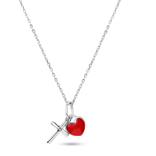 925 Sterling Silver Rhodium Plated Cross Red Enamel Heart Pendant Necklace