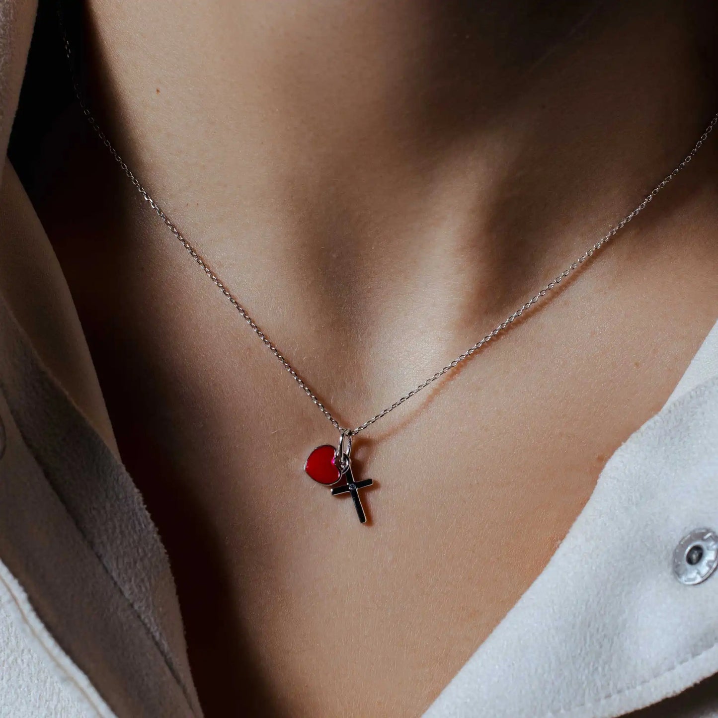 925 Sterling Silver Rhodium Plated Cross Red Enamel Heart Pendant Necklace