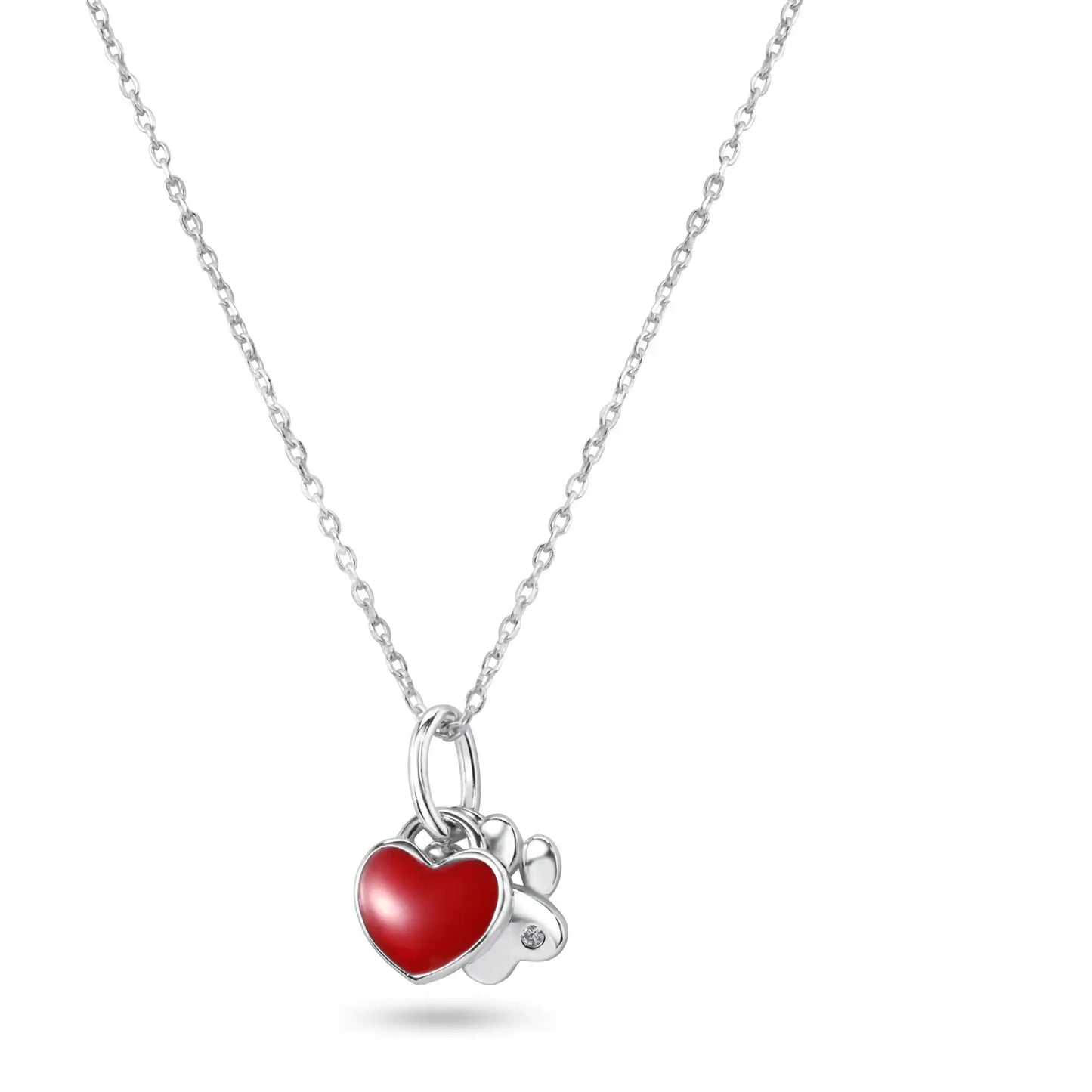 925 Sterling Silver Rhodium Plated Dog Paw Red Enamel Heart Pendant Necklace