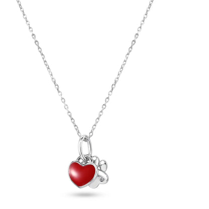 925 Sterling Silver Rhodium Plated Dog Paw Red Enamel Heart Pendant Necklace