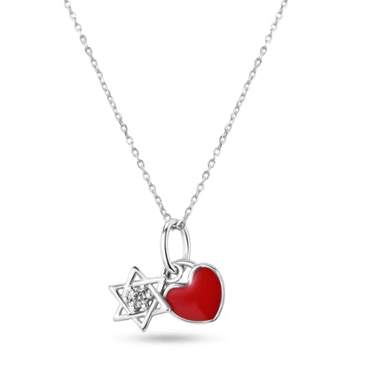 925 Sterling Silver Rhodium Plated Star of David Red Enamel Heart Clear CZ Pendant Necklace