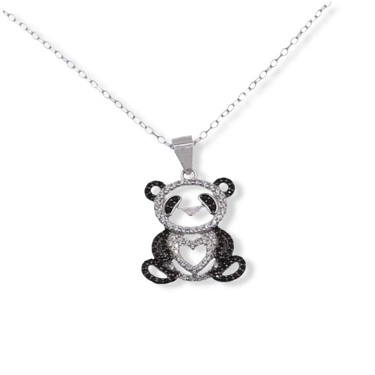 925 Sterling Silver Rhodium Plated Panda Heart Black and Clear CZ Pendant Necklace