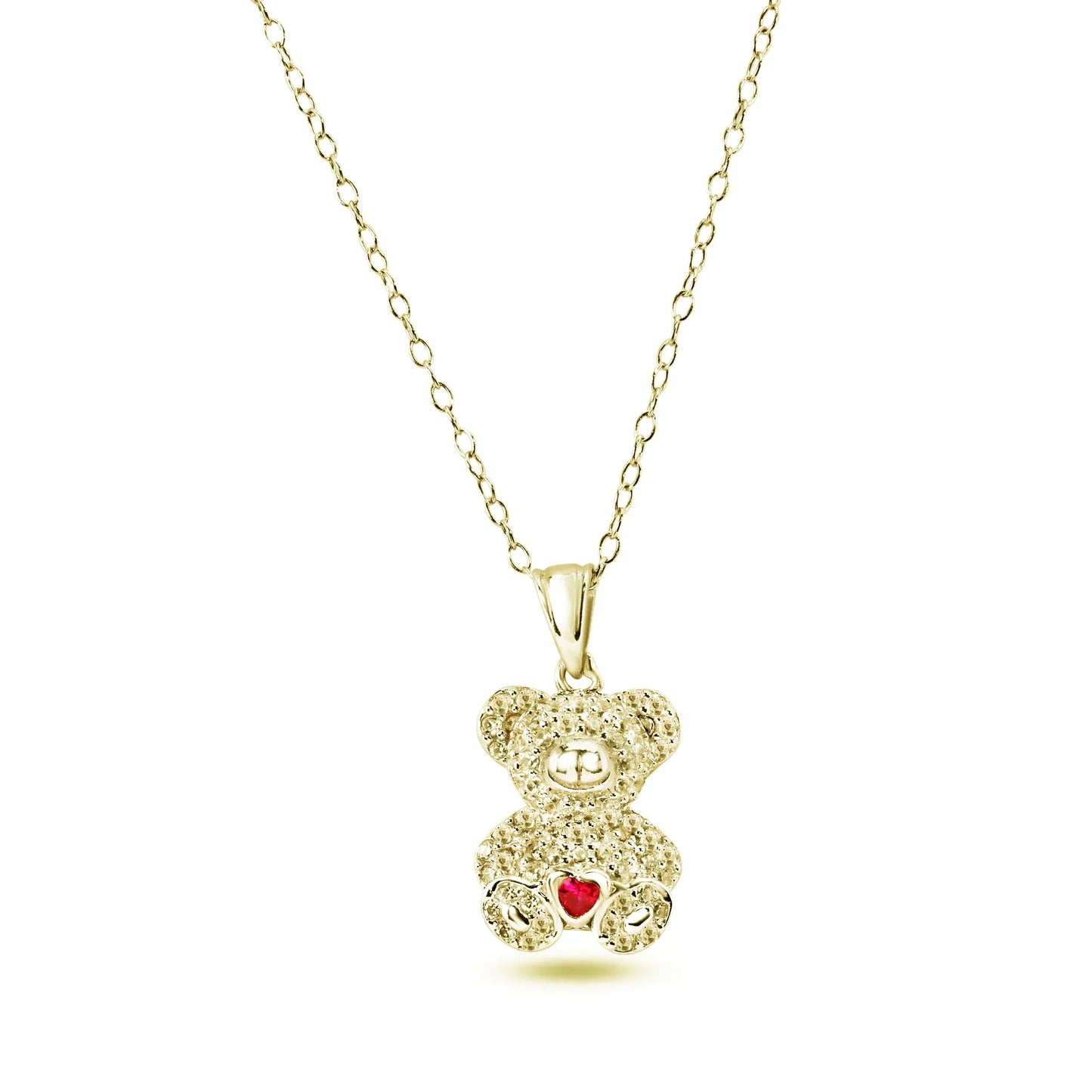 925 Sterling Silver Gold Plated Bear Heart Red and Clear CZ Pendant Necklace