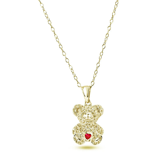 925 Sterling Silver Gold Plated Bear Heart Red and Clear CZ Pendant Necklace