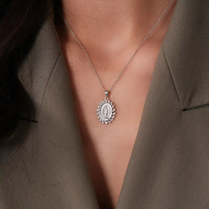 925 Sterling Silver Rhodium Plated 14.6mm x 18.5mm Our Lady of Guadalupe Baguette Clear CZ Adjustable Pendant Necklace