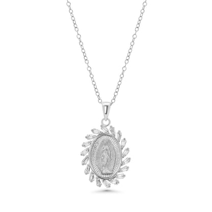 925 Sterling Silver Rhodium Plated 14.6mm x 18.5mm Our Lady of Guadalupe Baguette Clear CZ Adjustable Pendant Necklace