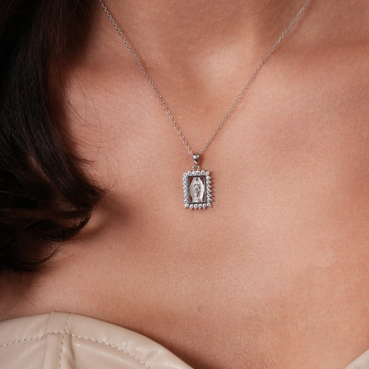 925 Sterling Silver Rhodium Plated 11.6mm x 14.7mm Framed Our Lady of Guadalupe Pear Shaped Clear CZ Adjustable Pendant Necklace