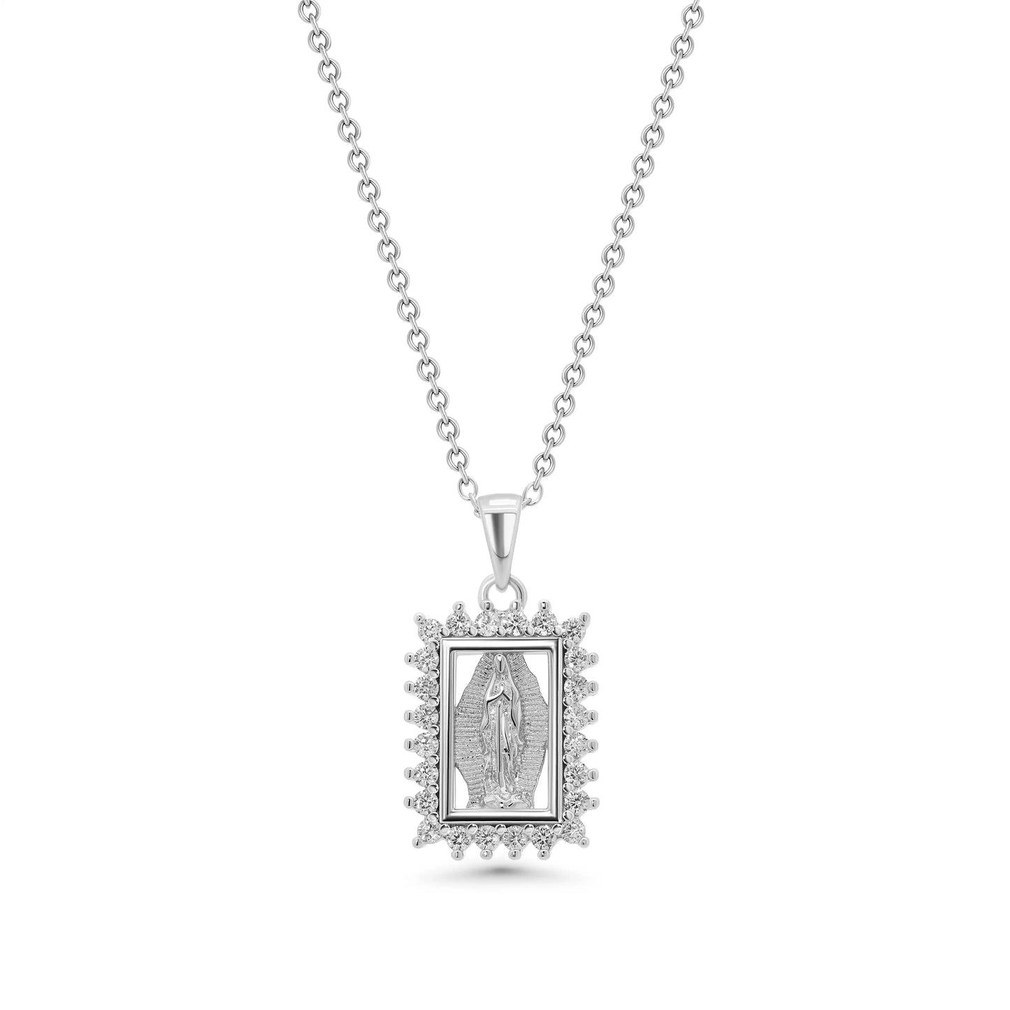 925 Sterling Silver Rhodium Plated 11.6mm x 14.7mm Framed Our Lady of Guadalupe Pear Shaped Clear CZ Adjustable Pendant Necklace